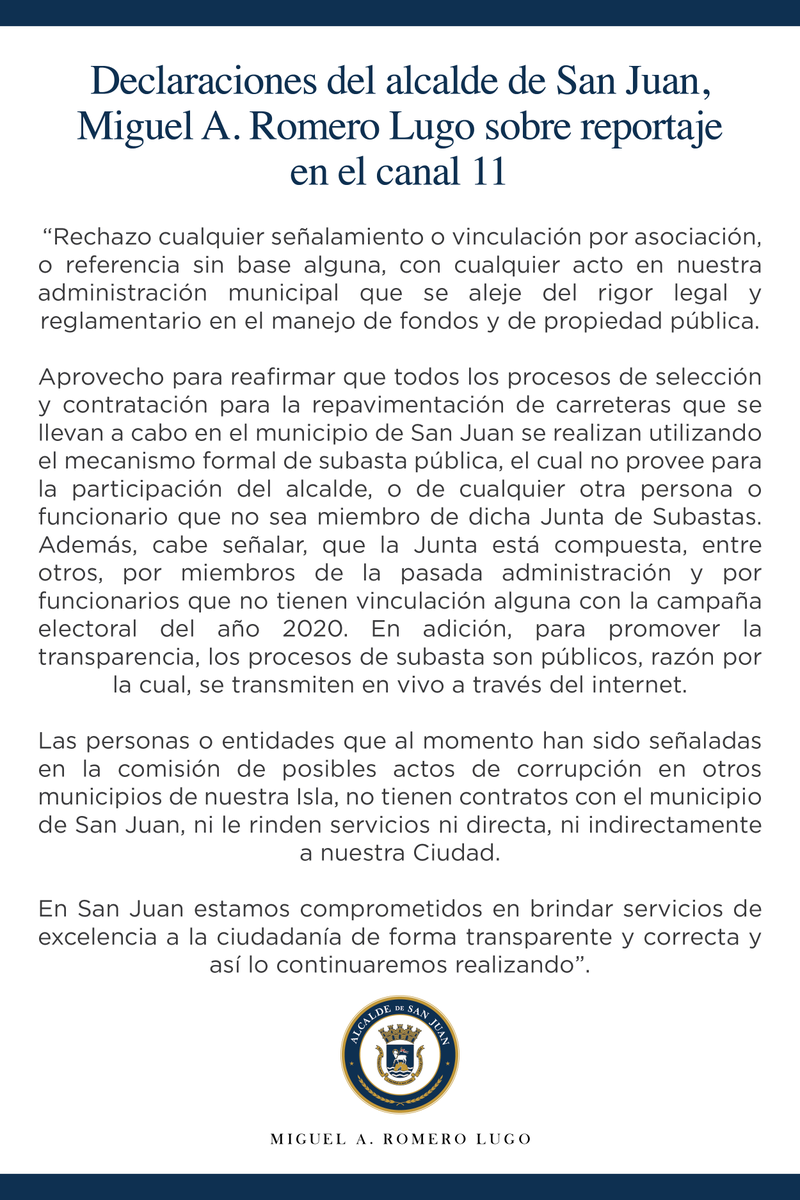 Miguel_Romero_'s tweet image. Declaraciones del alcalde de San Juan, Miguel A. Romero Lugo sobre reportaje en el canal 11.