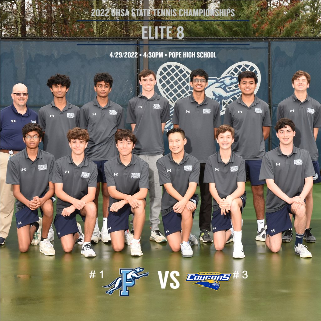 PopeBoysTennis's tweet image. ELITE EIGHT SHOWDOWN... Your @PopeBoysTennis will face Chattahoochee in this Elite Eight showdown on Friday, April 29th, starting at 4:30pm. Winner advances to the Final Four. Come out and support your Tennis 'Hounds in their championship quest!! #united #9togo