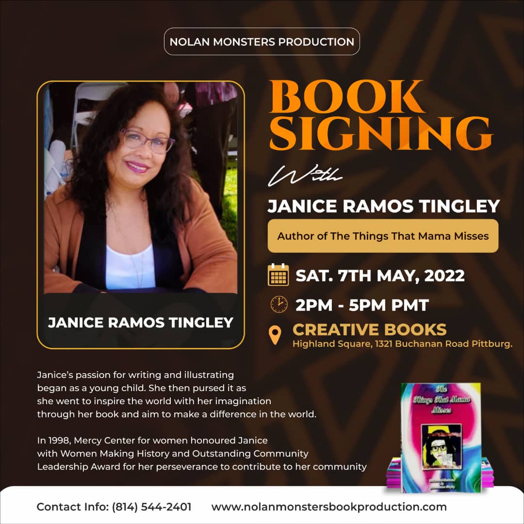 Hello everyone,
Are you in California?
Join Janice Ramos Tingley 

For the BOOK SIGNING of THE THINGS THAT MAMA MISSES.

On the 7th of May 2022.
2pm-5pm Pacific time.
@
Creative Books
Highland square,1321 Buchanan Road Pittsburgh.

See you there!
#writerscommunity #booklover