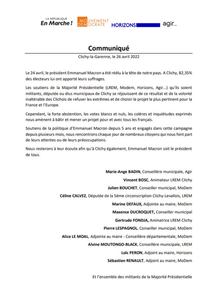 MoDem_Clichy's tweet photo. Communiqué de la Majorité Présidentielle #Clichy
#5ansdeplus https://t.co/kCUAzBAKeH