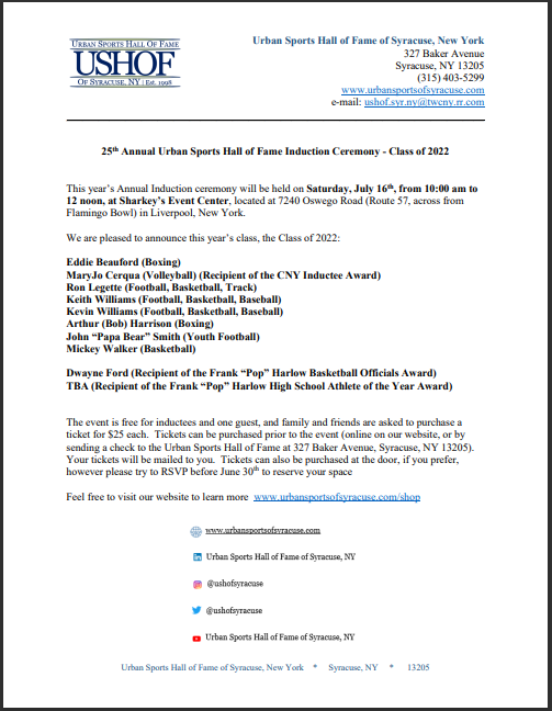 ushofsyracuse's tweet photo. 25th Annual Urban Sports Hall of Fame Induction Ceremony. We'd love to have your support! https://t.co/J5ydB3fcZO