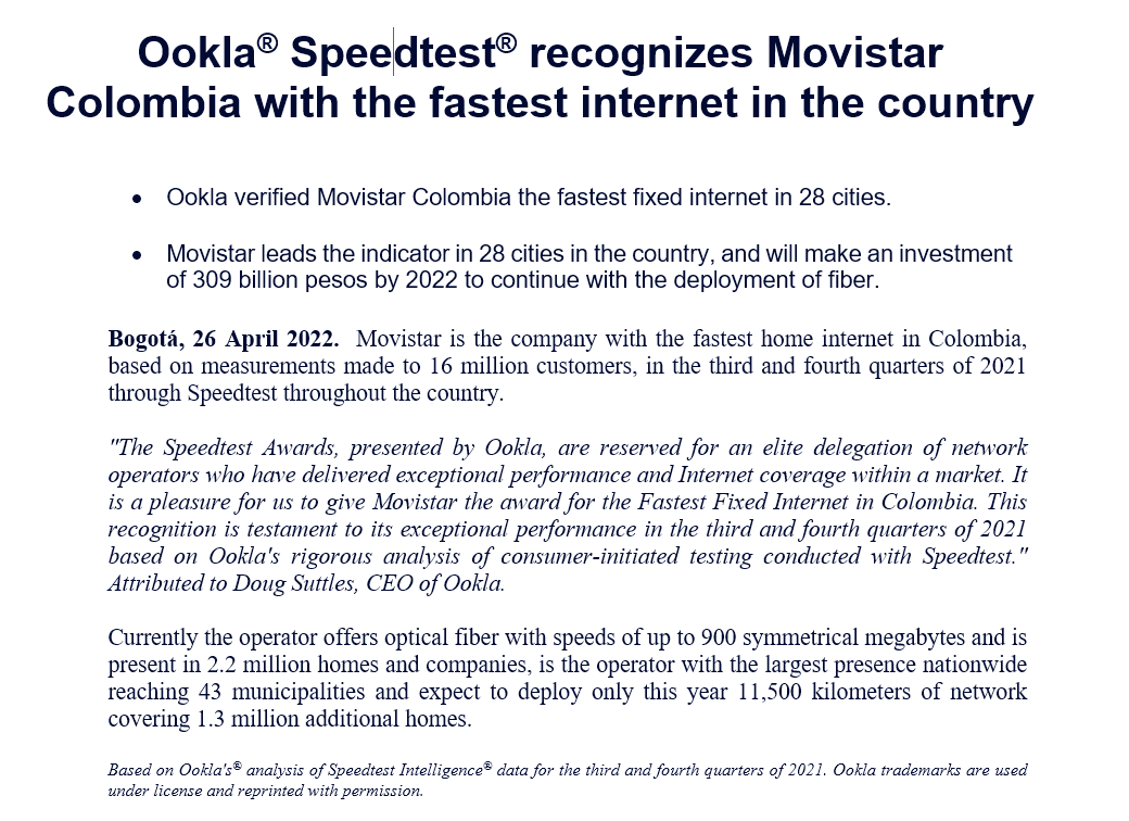 Es oficial! En <a href="/MovistarCo/">Movistar Colombia</a> fuimos reconocidos por Ookla <a href="/Speedtest/">Speedtest by Ookla</a> como el Internet más rápido de Colombia!
A través de la #FibraMovistar ofrecemos a más de 500.000 colombianos conectividad de hasta 900 MB simétricas.