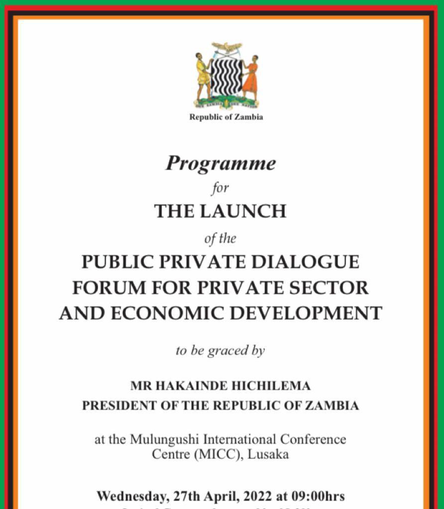 Looking forward to launch of the Public Private Dialogue Forum at Mulungushi International Conference Centre.                Building bridges between Government &amp; private sector is the pathway to foster prosperity for all. 
#Zambia
#NombaTubombe
