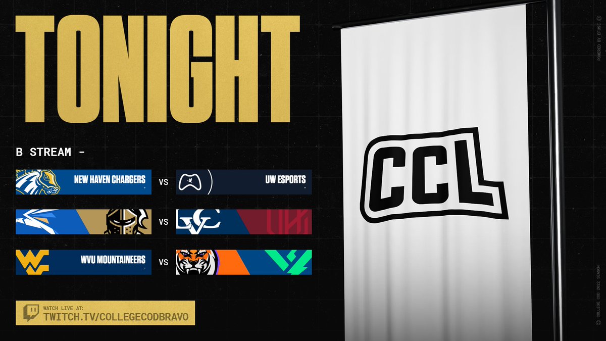 CollegeCoD's tweet photo. Another chapter of the #CCL2022 postseason continues with the conclusion of LCQ and beginning of playoff groups.

Tonight. 7:30pm EST 👀

📺 https://t.co/nGWDkrTK8m
📺 https://t.co/UKssL7lDxF

Main Playoffs East: https://t.co/uXENSD1oux
Main Playoffs West: https://t.co/nxi3thOwpP https://t.co/tpaN9gYkqE
