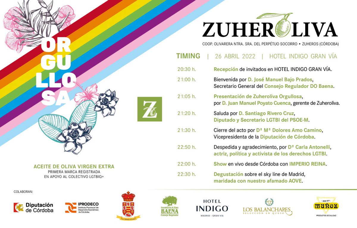 CarlaAntonelli's tweet photo. Hoy, en la presentación Zuheroliva Orgullosa, una marca de aceite de oliva extra y la primera registrada en apoyo al colectivo LGTBIQ+ que este año han dedicado al colectivo trans, muchas gracias a su gerente Juan Manuel Poyato 🫒🏳️‍🌈 https://t.co/nhalcDCDAM