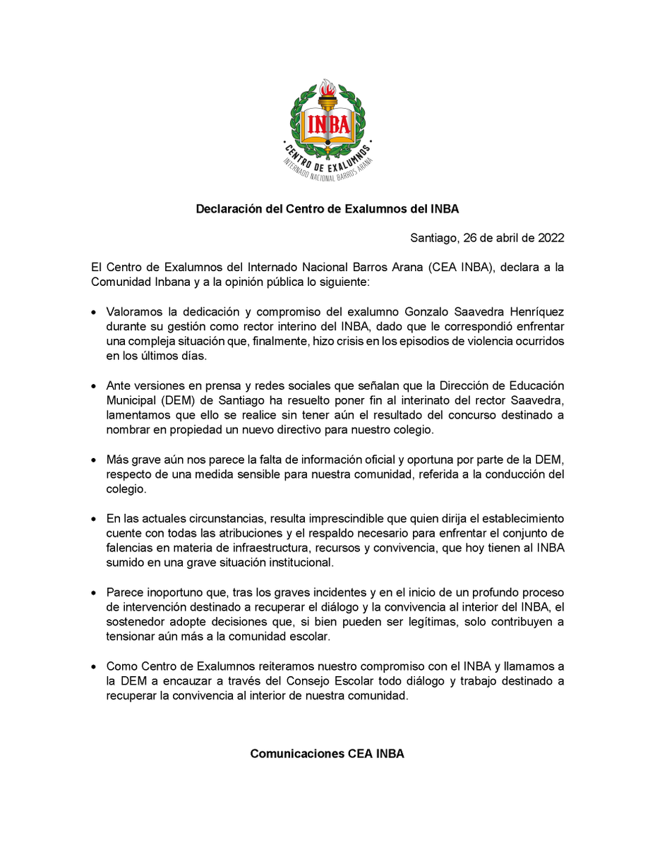 inba_cea's tweet photo. Declaración del Centro de Exalumnos sobre situación del rector interino del INBA. #120años https://t.co/s90cxfAFsP