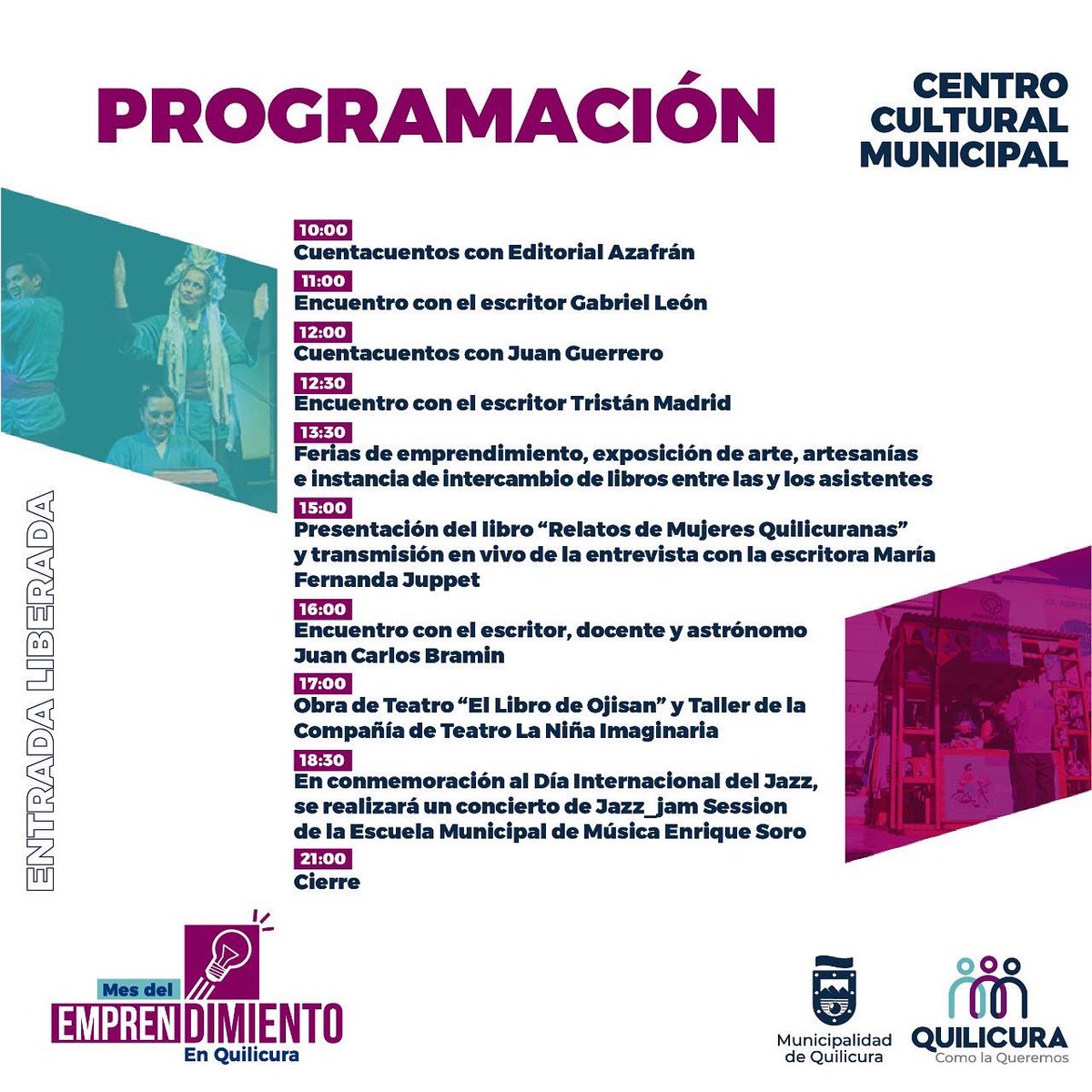 muniquilicura's tweet photo. #ACTIVIDAD 💡
📌 Este sábado 30 de abril, desde las 10:00 horas, realizaremos “Emprendearte: Feria del Libro y Jazz”, en el Centro Cultural Municipal, donde contaremos con distintas ferias, actividades y mucho más.
📌 Para más información revisa la programación acá 👇 https://t.co/6wmXF9ogSj
