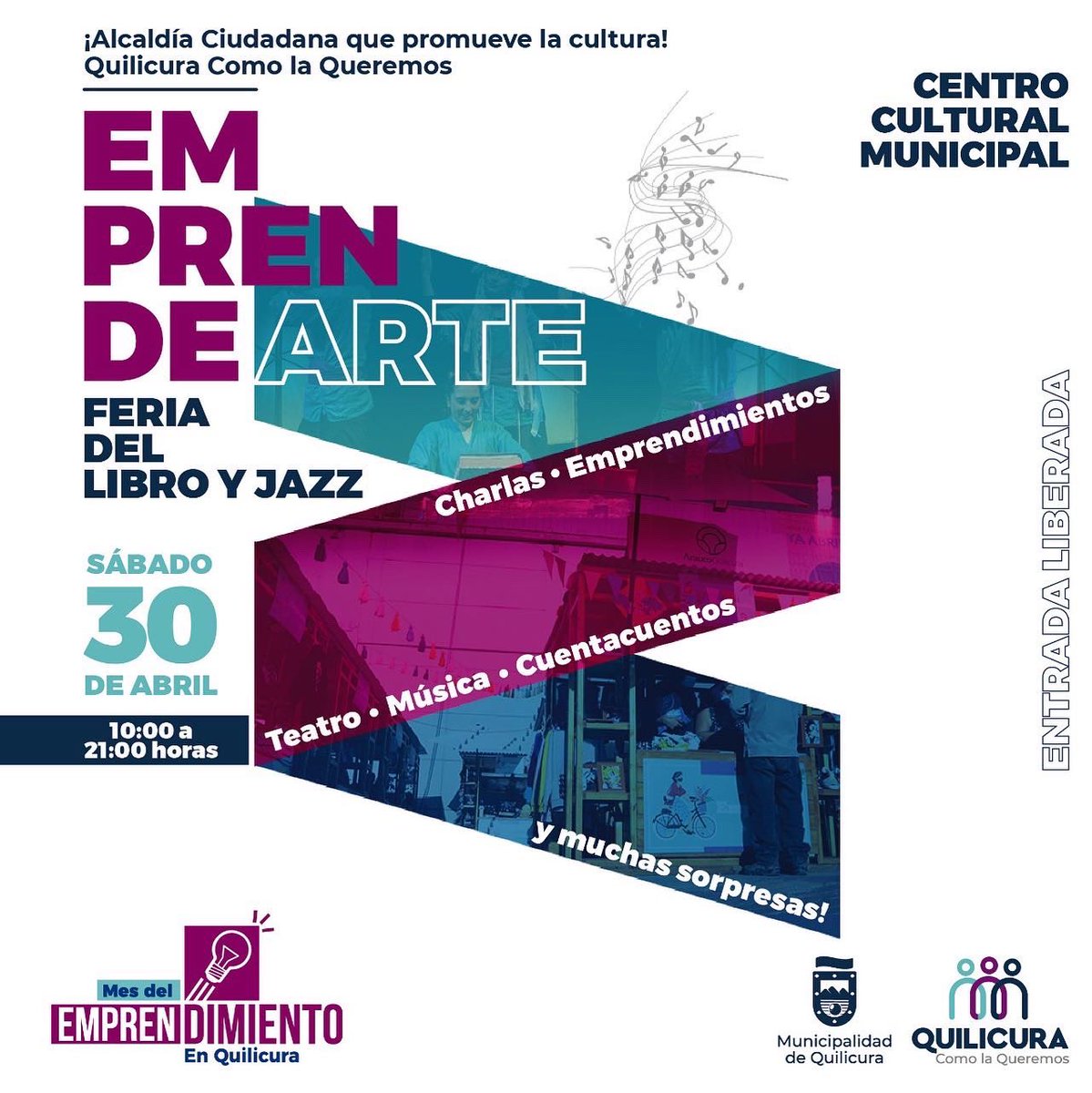 muniquilicura's tweet photo. #ACTIVIDAD 💡
📌 Este sábado 30 de abril, desde las 10:00 horas, realizaremos “Emprendearte: Feria del Libro y Jazz”, en el Centro Cultural Municipal, donde contaremos con distintas ferias, actividades y mucho más.
📌 Para más información revisa la programación acá 👇 https://t.co/6wmXF9ogSj