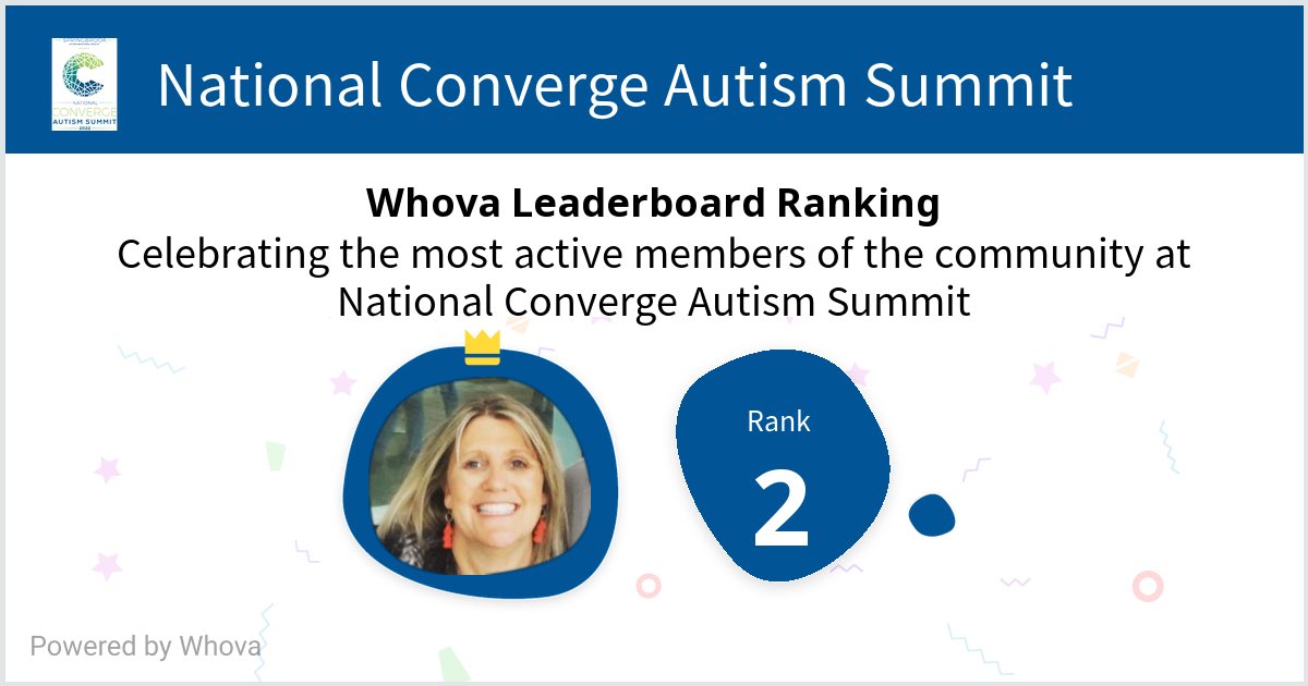ChristenWeidner's tweet photo. I ranked #2 on the Whova leaderboard at National Converge Autism Summit! #converge2022 - via #Whova event app https://t.co/7FJRc1ndnj