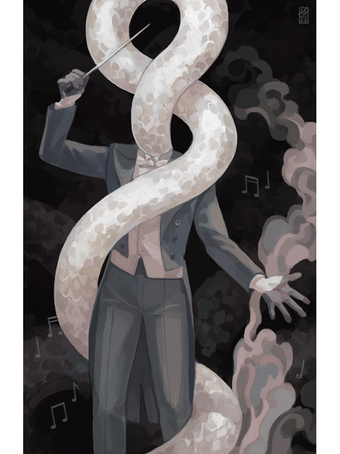 my second <a href="/regaliazine/">Regalia for the Wretched @ COMPLETED</a> illust! just a snake charmer conductor dude 🐍

#fantasyart #artistsontwitter #イラスト