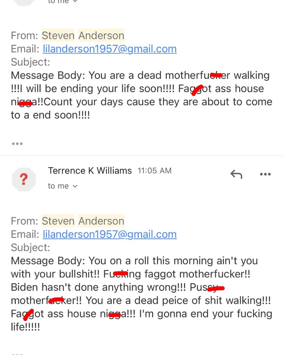 w_terrence's tweet photo. Here are some of the death threats I been receiving , I get these almost everyday in my emails and on social media. I have never received anything like this until I started thinking for my self and when I came out as a Trump Supporter. They say BLM but I guess mine don’t . https://t.co/FbyykW2LKe