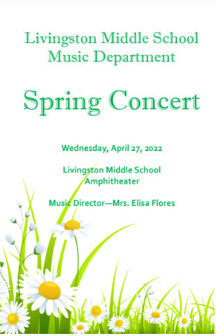 Join us tomorrow at our Spring Concert!
Date: April 27th, 2022
Time: 6:00PM-7:00PM
Location: LMS Amphitheater