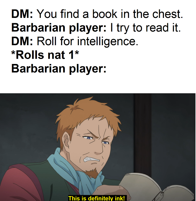 MemesDnd's tweet photo. A small DND AoaB meme for International Book day
⚔️🎲
OC: Quiri1997
#dnd  #gamenight #dndmemes  #dnd5e  #criticalrole  #follow  #barbarian https://t.co/AxR1xiBF0L