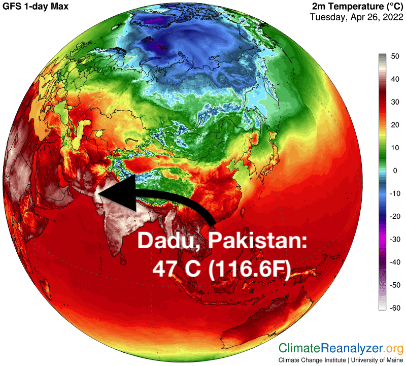 US_Stormwatch's tweet photo. #Pakistan topped at a blistering 47C (116.6F) today.

This is the hottest temperature observed in the Northern Hemisphere so far in 2022. 

It is going to get even hotter later this week. https://t.co/1LLb2OVaBS