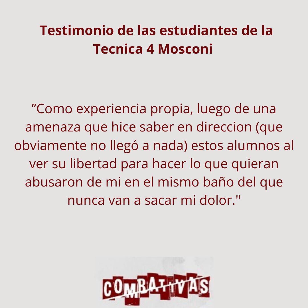 RevCombativas's tweet photo. Las estudiantxs de la Escuela Tecnica 4 de Mosconi enviaron sus testimonios. 

Duele ver cómo las autoridades revictimizan y culpabilizan a pibas que quieren transitar su secundaria libre de violencias. https://t.co/g5H7ARy7Nm