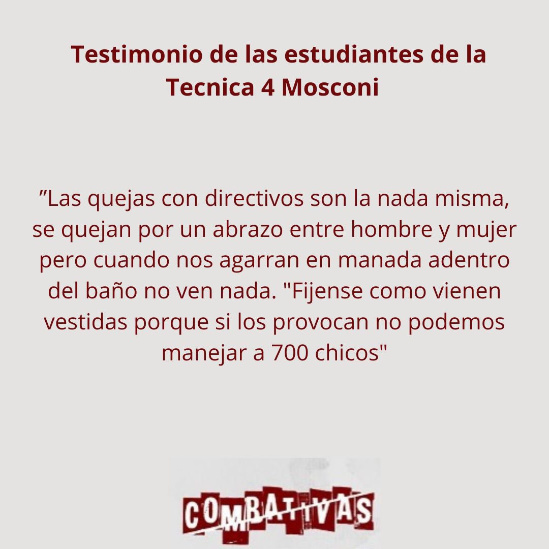 RevCombativas's tweet photo. Las estudiantxs de la Escuela Tecnica 4 de Mosconi enviaron sus testimonios. 

Duele ver cómo las autoridades revictimizan y culpabilizan a pibas que quieren transitar su secundaria libre de violencias. https://t.co/g5H7ARy7Nm