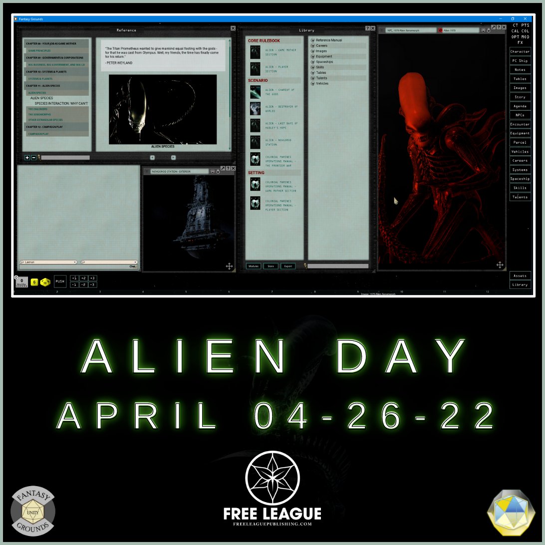 Did you miss the #live event on #Twitch for the #alienday event 04/26? 
The archive and info is here, zcu.io/ywzN @freeleaguepub <a href="/FantasyGrounds2/">Fantasy Grounds VTT</a> <a href="/AlienDay426/">Alaroons - Alien Day 4/26 Founder🥏</a> #alien #aliens #alienday426 #facehugger #scifi #rpg #vttrpg With <a href="/andrewecgaska/">Andrew E.C. Gaska</a>, &amp; the FGU dev team!