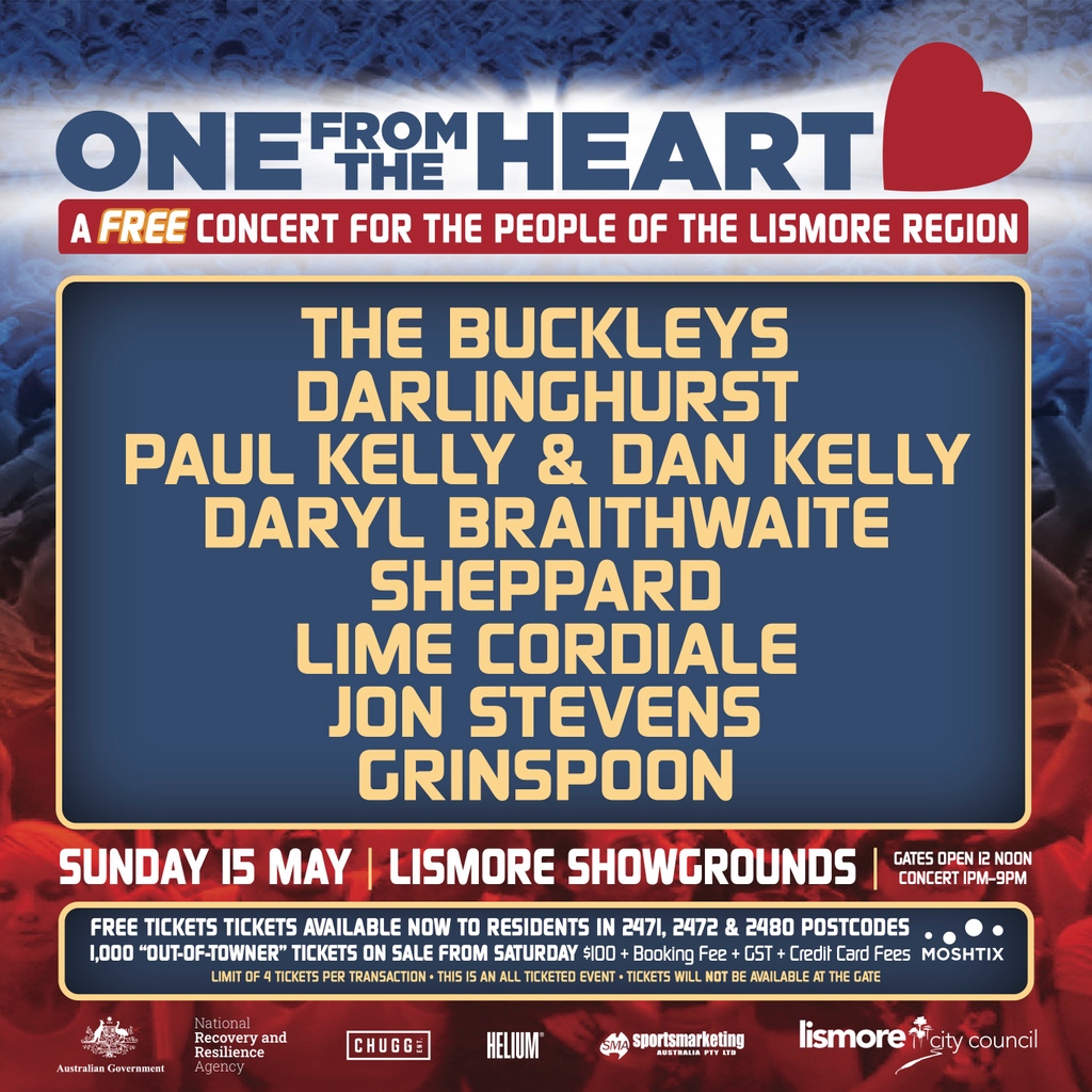 PK will be playing at a free concert for the residents of the Lismore region. Each family within flood effected areas - postcodes 2471, 2472, and 2480, can now order up to four tickets here: l8r.it/Dffu @visitlismore #onefromtheheart