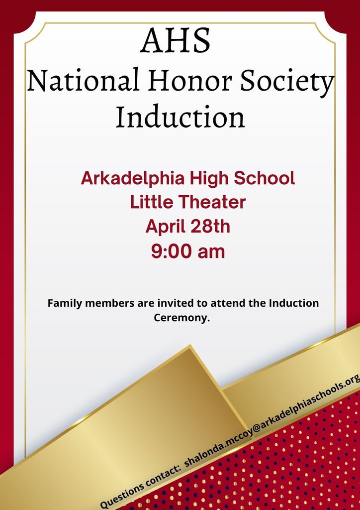 AHS_News's tweet photo. National Honor Society Induction Ceremony is Thursday at 9:00 a.m. 
Families of inductees are invited to attend.
Contact AHS Counselor Shalonda McCoy if you have any questions. https://t.co/dIjDaS71gc