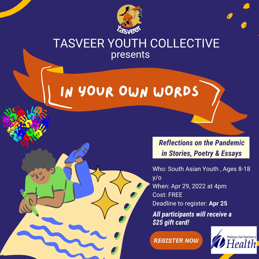 The pandemic has dramatically changed the life of many young people. @tasveeerorg is helping South Asian youth to process their experiences through creative writing. Register and join them for the FREE youth workshop on Friday, 4/29, from 4:00 to 6:00 pm! tasveer.org/in-your-own-wo…