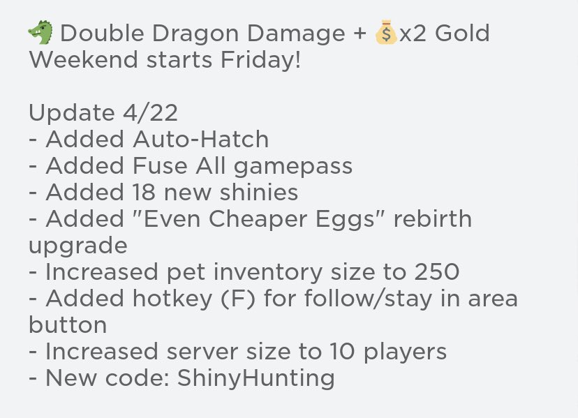 Have you tried the new Fuse All update! Who likes more updates? What about the Auto hatch Button? 😱 cool right! Don’t forget to use the new code: ShinyHunting