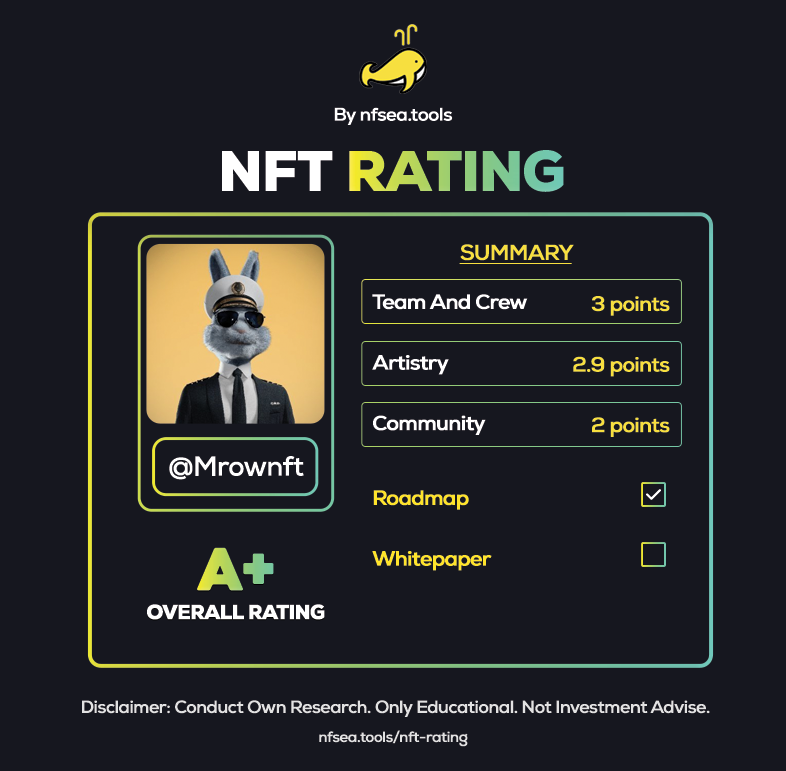 NfseaTools's tweet photo. We rated @Mrownft A+ (8.9 points) based on Doxxed team, tremendous art and carefully thought-after roadmap. 100 RT in 3 days will get it full 3 Art Points

Visit https://t.co/3rQrblmkOV  to know criteria.

Disclaimer: Do your own research. Not investment advise. Only educational. https://t.co/n0kRDhVKei