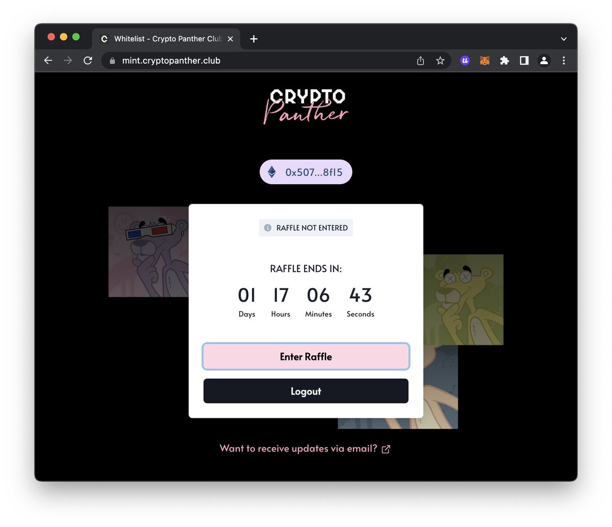 Our WL raffle is still open! 🎟️
Requirement: at least 0.2 ETH balance ✅

Enter now! 👇
mint.cryptopanther.club

#NFTCommmunity #NFTartist  #NFTdrops #NFTWhitelist