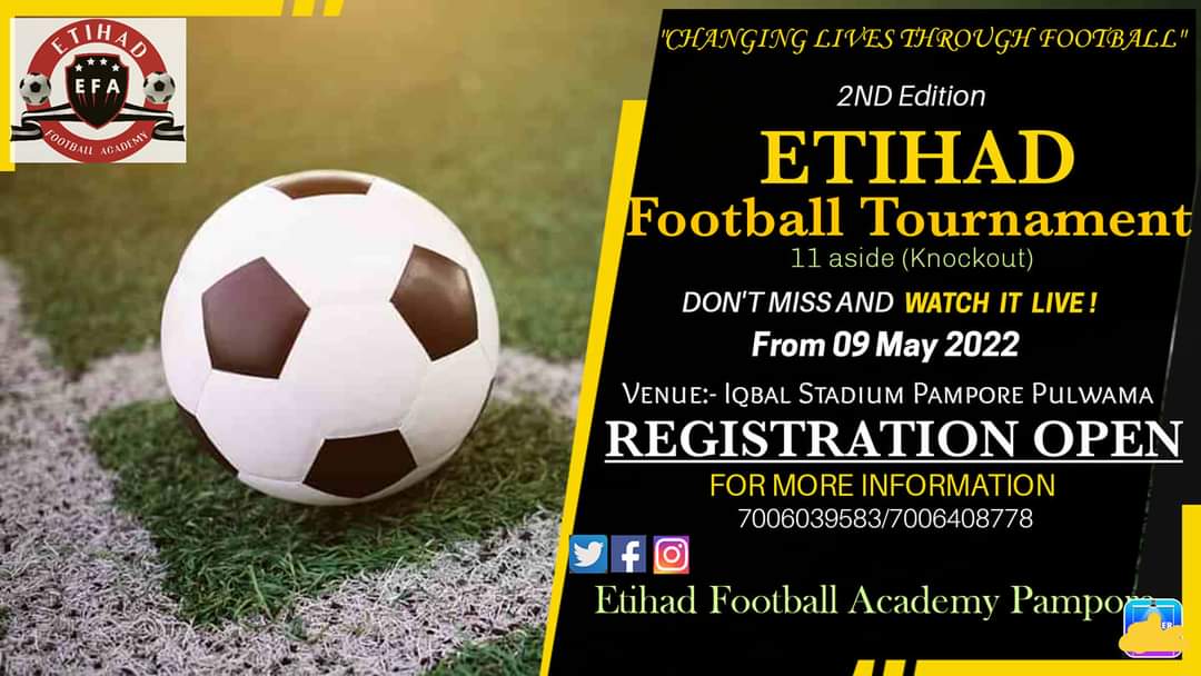 EtihadPampore's tweet photo. The #etihadfootballtournament 🏆 is back 🤩
 🗓️  Mark your calendars and save the date  -  9️⃣ May 2️⃣0️⃣2️⃣2️⃣! ✅
➡️➡️ Book your slot now ⬇️
@SFA_JKSSC @nuzhatjehangir @MajidYousuf_ @dgyssjk @dcpulwama @ZoneDfa @ZahidSh10385062 @Sajidnzr @realkashmirfc @sajidyousuf_13 @slumsoccer https://t.co/0QlfYLabuh