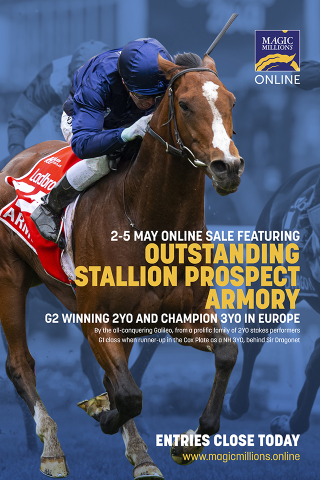 mmsnippets's tweet photo. Join outstanding stallion prospect Armory (Galileo) in the next Magic Millions Online Sale. Entries close tonight. 
For more click here: https://t.co/LX7CXSC7pg

#StandOutFromTheCrowd #MMOnline https://t.co/SwcADgMihf