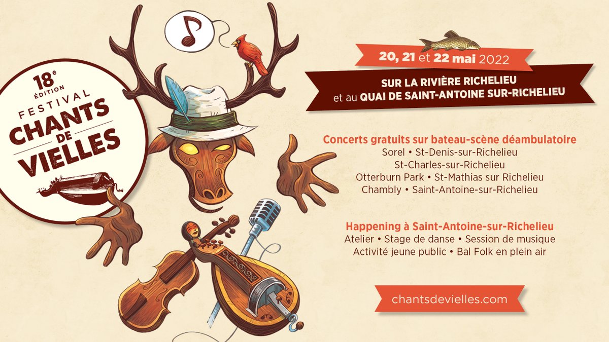 20-21-22 mai prochains, de Sorel à Chambly, Chants de Vielles vogue vers vous pour célébrer de plus belle le patrimoine vivant! Toute la programmation >>> chantsdevielles.com/horaire/ #chantsdevielles2022