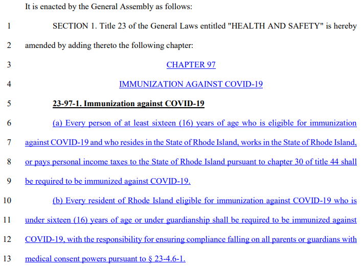 kerpen's tweet image. This is real legislation introduced by Democrats in Rhode Island.

Everyone is mandated to take COVID vaccines.

If you or your kids don't, you pay DOUBLE on your state income taxes.

webserver.rilegislature.gov/billtext22/sen…