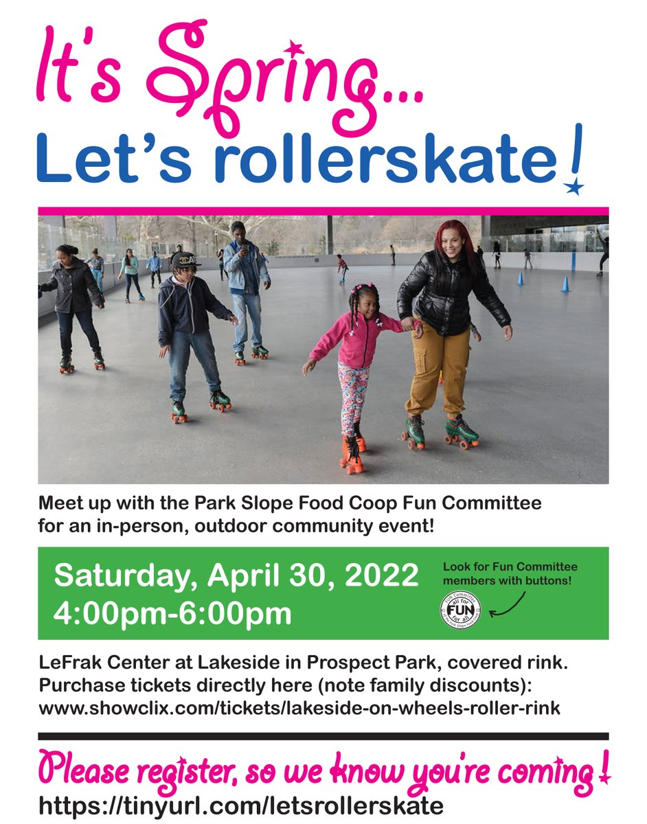 FoodCoopFun's tweet image. This Saturday! Join the @foodcoop fun committee for some rollerskating at LeFrak @ Lakeside! Register, get tix, and join us! More Info: eventbrite.com/e/its-spring-l…