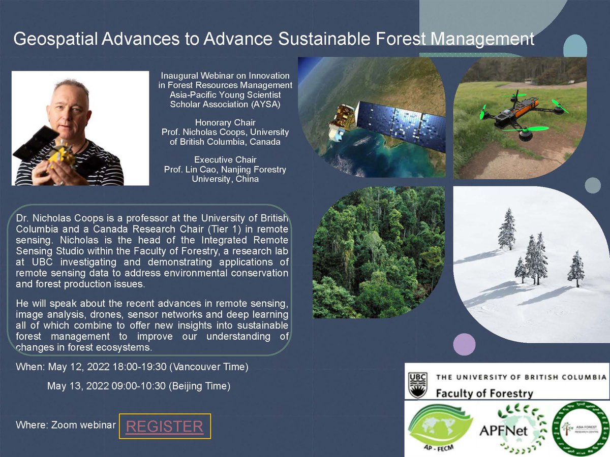 afrc_ubc's tweet image. Inaugural Webinar: Geospatial Advances to
Advance Sustainable Forest Management by Prof . Nicholas Coops, UBC. Register in advance for this meeting:
ubc.zoom.us/meeting/regist…