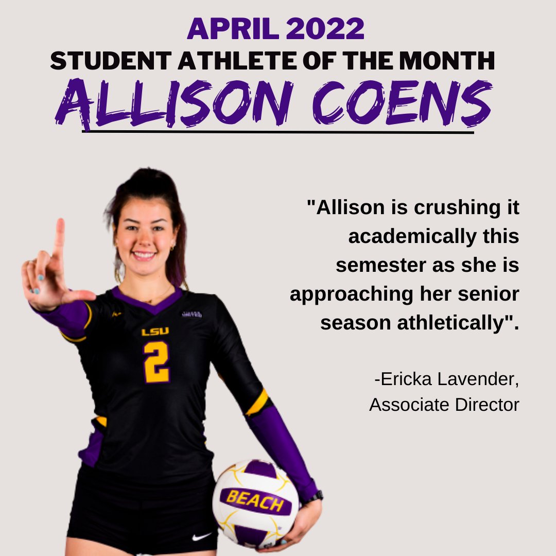 LSUAcademicCtr's tweet photo. Congratulations to our first April Student-Athlete of the Month, @LSUBeachVB's Allison Coens! Allison, a Finance and Spanish major, stated "I love to see the time spent in training or studying come to fruition on the court and in exams". 
Keep up the great work, Allison! https://t.co/wm1rrcMbur