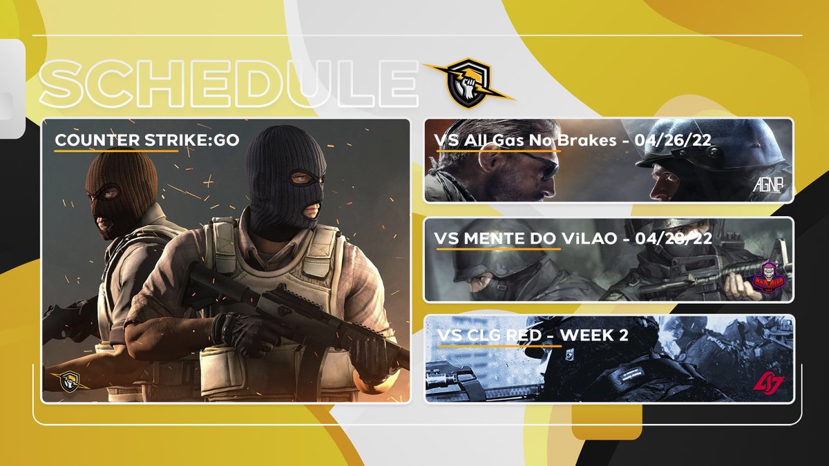 Our Counter Strike schedule for the first week! 

The teams Debut match tonight against All Gas No breaks! 

9 PM CST / Stream TBA! 

#PowerUP⚡️