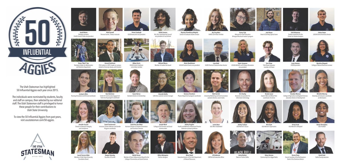 Each year, the Statesman collects nominations from the community for 50 Influential Aggies. The Utah Statesman is privileged to honor these people for their contributions to Utah State University. To see 50 Influential Aggies from past years, visit usustatesman.com/50-aggies.