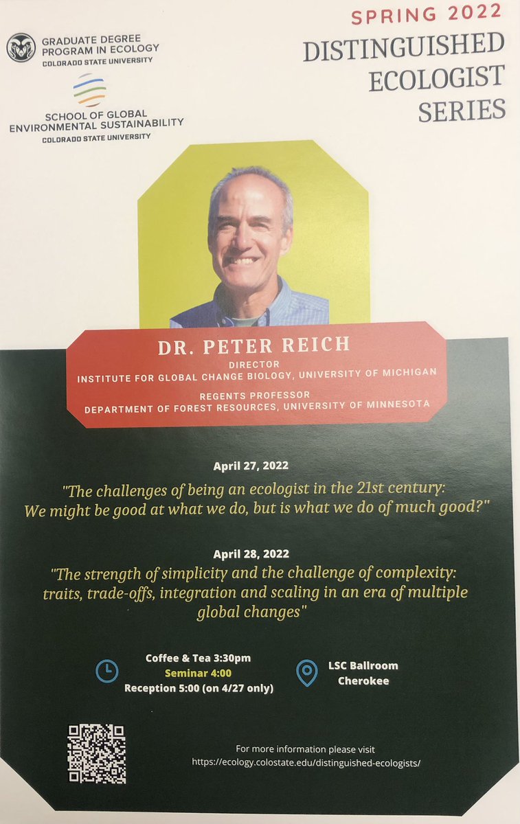 PankajTri29's tweet photo. Join us for GDPE Distinguished Ecologist Series with two seminars by Prof. Peter Reich on 27 and 28 April. @CSU_Ecology @CSUAgSci @GradSchoolCSU https://t.co/SQw9OFIoT8