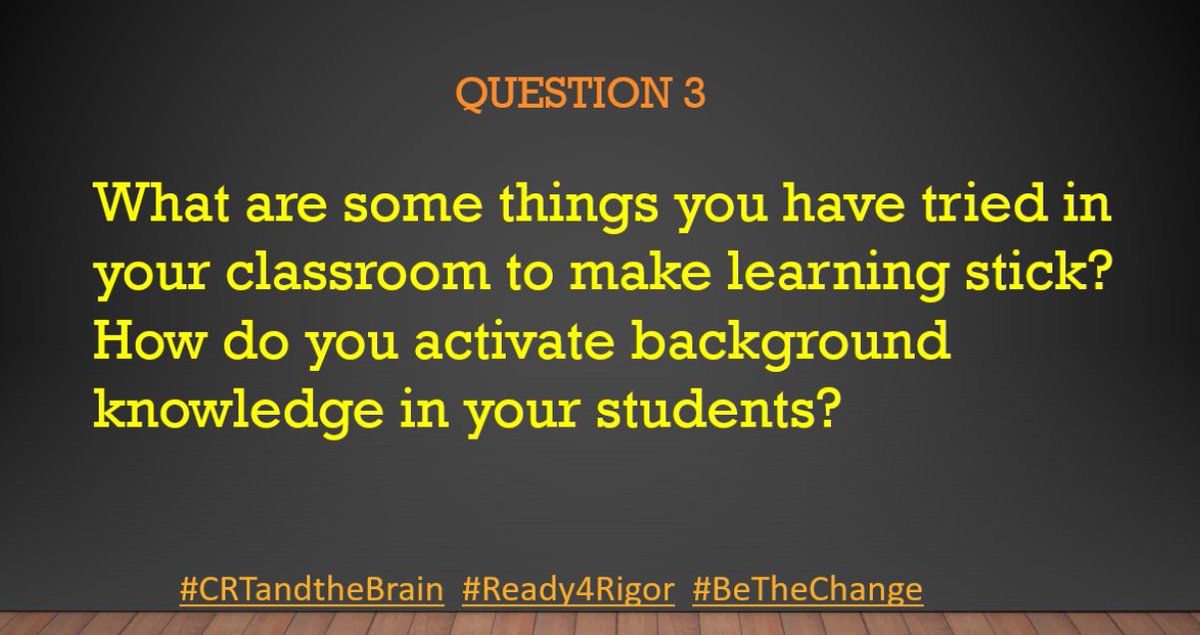 A3: #CRTandtheBrain ohhh I love a good song! I also try to use non verbal things like hand signals and movements.  I do lots of things to activate prior knowledge.  I love a good Padlet where kids can just tell me anything and everything they already know.