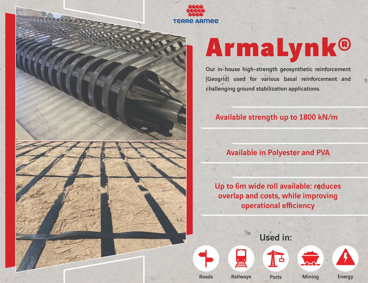 GeoquestIndia's tweet photo. Looking for an ultra-high strength #geogrid for demanding #BasalReinforcement and challenging #GroundStabilization applications? Go for ArmaLynk® from #TerreArmee
To know more, please visit https://t.co/nbKexL9iCN
#Roads #Railways #Ports #Mining #Energy https://t.co/E5h9N3bDTr