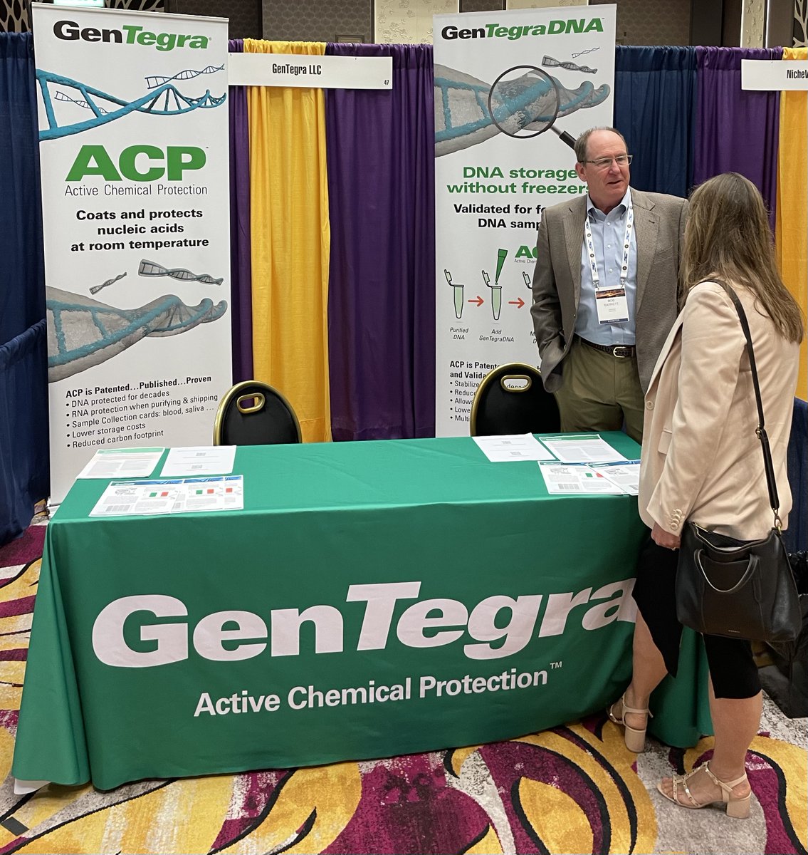GenTegraLLC's tweet photo. Day 2 at #ASCLD2022 in the books.  Room temperature storage of DNA seems to be a hit.  GenTegra DNA is showing promise to help forensic labs reduce their carbon footprint and reliance on freezers.

#ASCLD2022 #forensics #forensicDNA #forensicscience #GenTegra https://t.co/JZh8kgAgtx