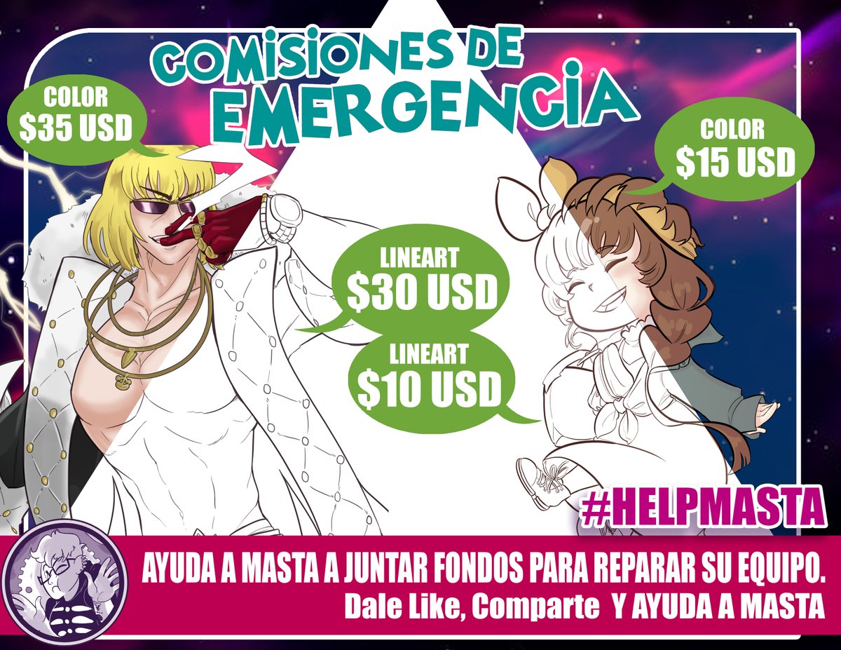 Se abren las comisiones para reparar la patata. Los precios son por 1 personaje de cuerpo completo, estilo chibi o full art, a Linea o Todo color, como se muestra en los ejemplos. Personaje extra: $3.00 USD. NSFW? Clara (No Shota/Loli) Interesados: Inbox o Discord #helpmasta