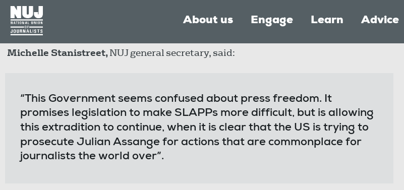 UK National Union of Journalists: "It is clear that the US is trying to prosecute Assange for actions that are commonplace for journalists the world over" #FreeAssangeNOW <a href="/NUJofficial/">NUJ</a>