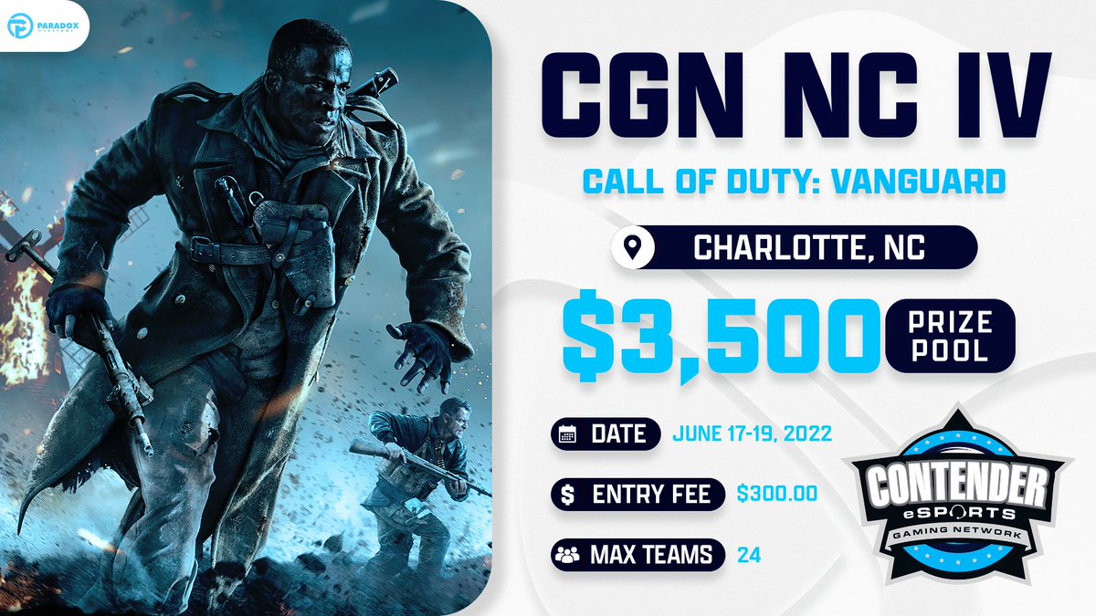 CGNEvents_'s tweet image. CGN North Carolina 4️⃣

💰 - $3,500 4v4 Prize // $750 WZ Prize

🎟 - $300 4v4 TP // $100 Warzone TP

🗓 - June 17-19, 2022

⚔️ - Call of Duty Vanguard + Warzone

🌐: contenderesports.com/cgn-event/cgn-…