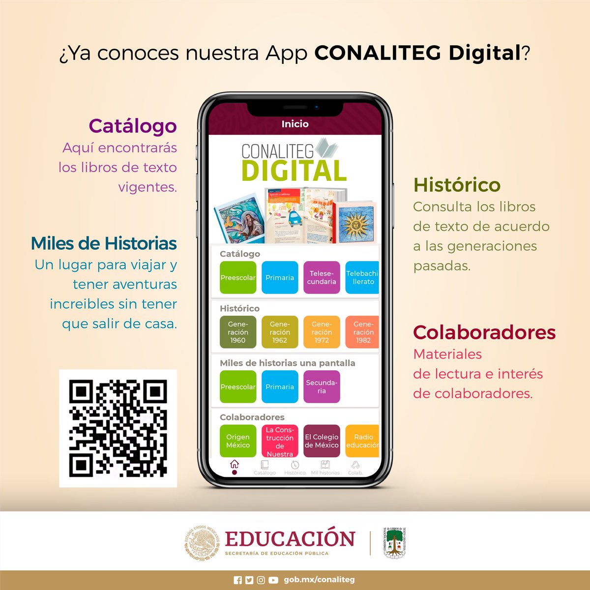 ¿Ya conoces la #AppConaliteg? 
Descárgala! Podrás consultar contenido educativo para diferentes edades. #LeeEnEspañol 
Disponible para #Android y #iOS  
Para mayor información: 👉🏼 bit.ly/conaliteg