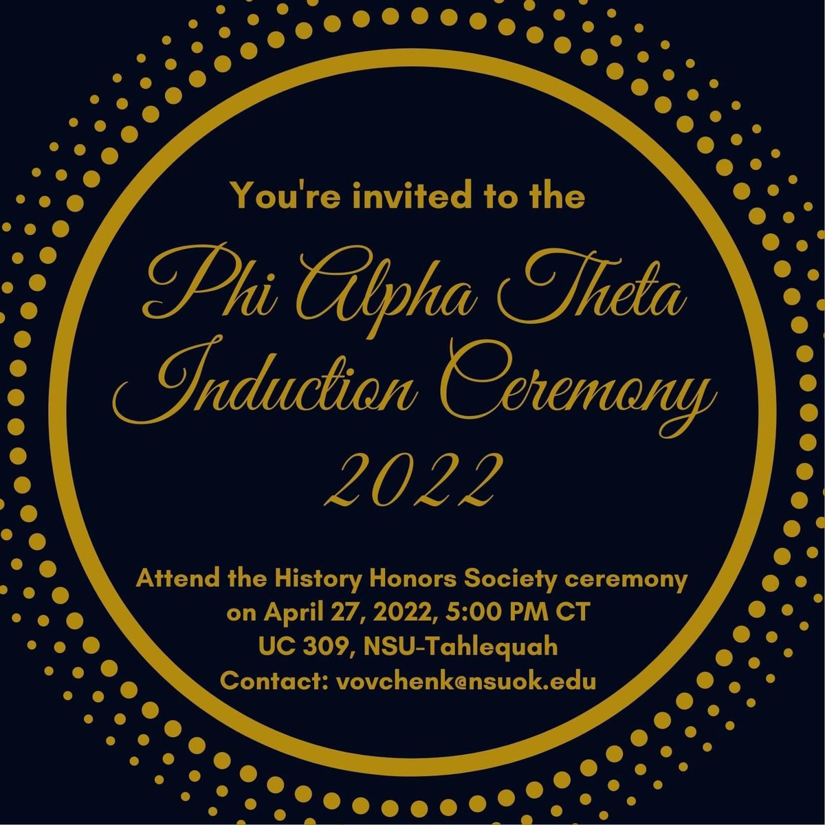NSUHistory's tweet photo. Join us for the #NSUOKHistory Phi Alpha Theta Inductions with the honors society ceremony! Jordan Robbins, Matthew Wagner, and Brandi Nibbelink will be inducted into the history honors society, PAT. The event is 5 pm to 6 pm on Wednesday, April 27 in UC 309. https://t.co/fIpl7FjWIn