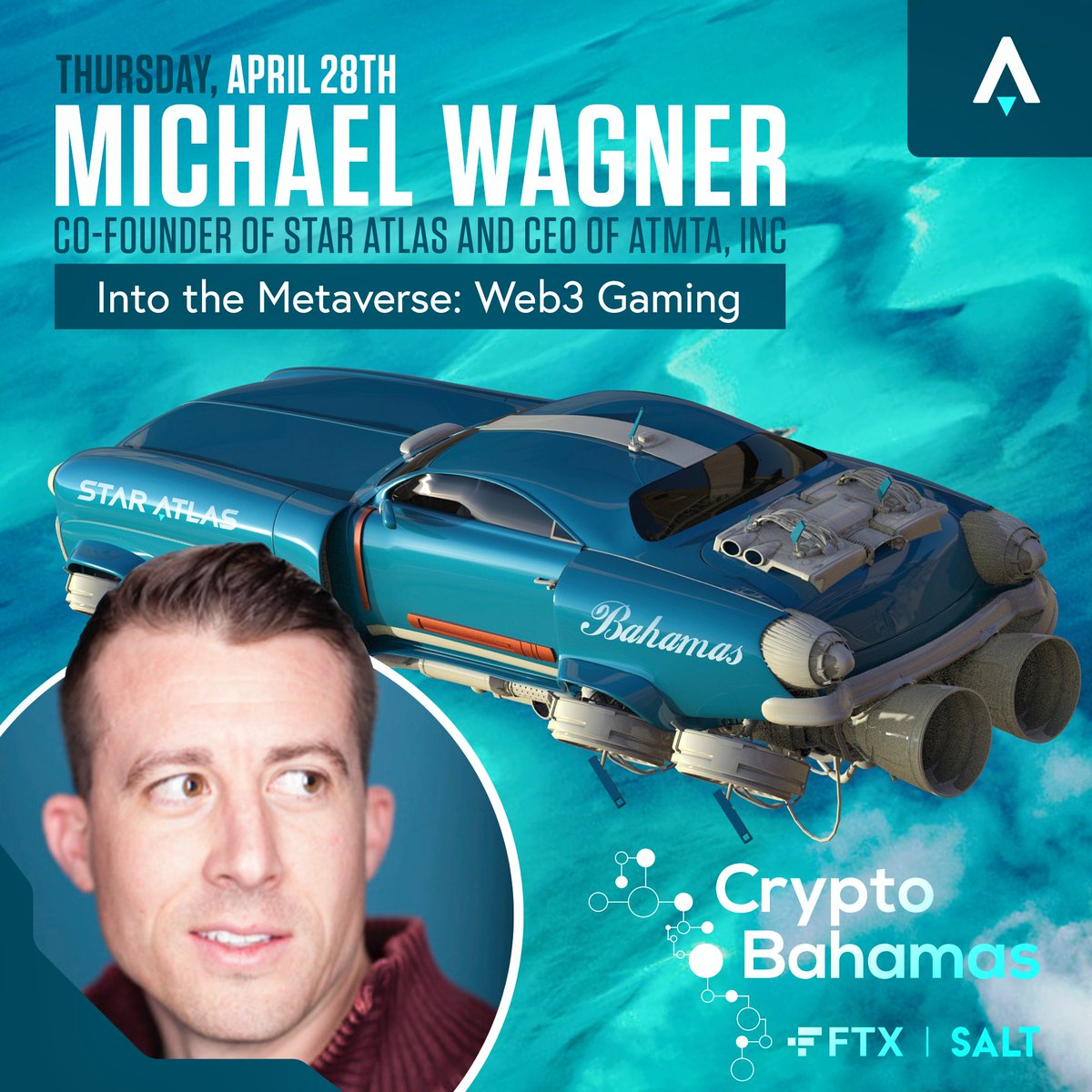 staratlas's tweet photo. Thursday at 1:30pm (EDT), our co-founder @at_mwagner will be speaking at #CryptoBahamas, an event for the leading investors and builders in the blockchain, digital assets, and web3 space! 🏝 https://t.co/aJMshSc3W5