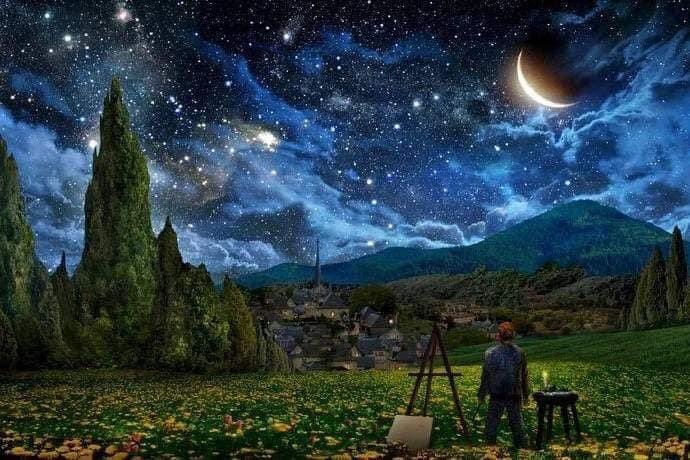 Arteymas_'s tweet photo. Noche estrellada en diferentes estilos: 

• Azul Jaoaon
• Grryun Kim
• Alex Ruiz
• Van Gogh

Crédito Hany Mostafa https://t.co/sZs6nf3n5v