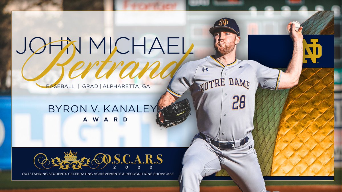 NotreDameGLD's tweet photo. The most prestigious award of the night!

Our Byron V. Kanaley Award, given to exemplary student-athletes &amp; leaders are presented to:

☘️ @JMBertrand32 of @NDBaseball 
☘️ @bridgetdeehan of @NDWomensLax 
☘️ @CamrynReinoD of @NDSoccer 
☘️ Kelly Straub of @NDSwimDive 
#NDOSCARS2022 https://t.co/zyz2GgdhbN