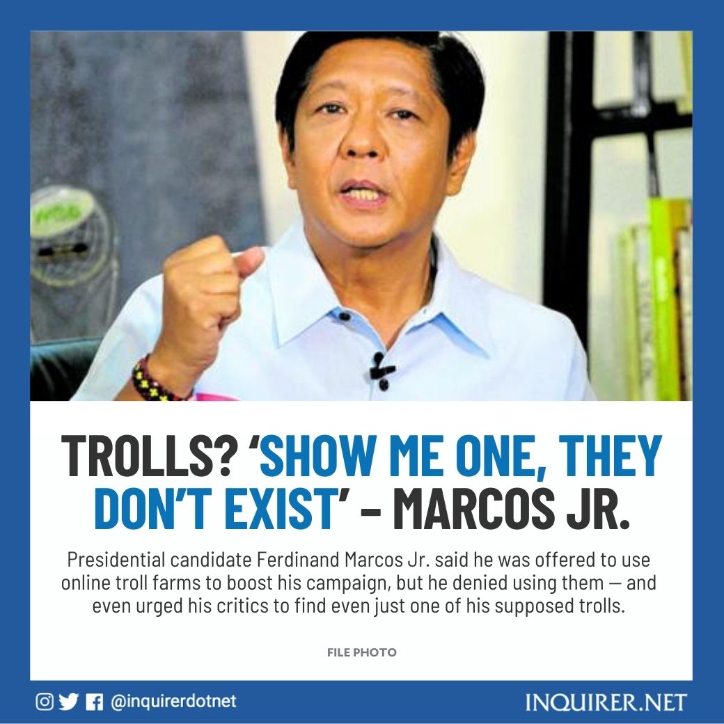 inquirerdotnet's tweet photo. Marcos Jr.: “We have no trolls. None. Not a single one. I have been offered a click army, I've been offered a troll, hindi ko ginagamit yan.” #VotePH

Read: https://t.co/HnDisinj0D https://t.co/naOSlAK7Hl