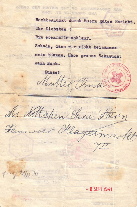 'I miss you so much' the last letter from my great grandmother Nettchen Stern to the family. (Sent in 1941 thru the Red Cross.) This was the last time the family heard from her. She was deported by the Nazis from Hanover, Germany to Riga Latvia on December 15, 1941. #YomHashoah